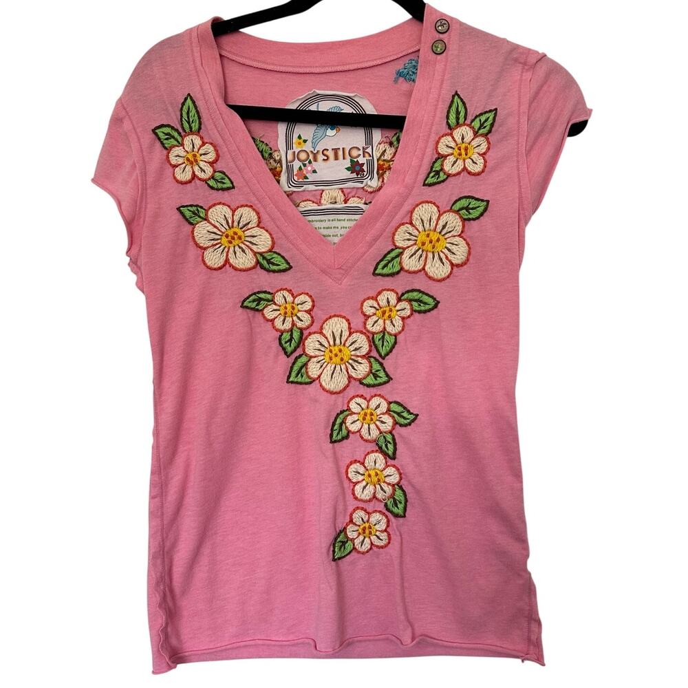 Joystick by Johnny Was (S) Hand Embroidered Boho Floral Pink Tee RARE